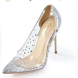 Miluoro High Heel Women's Pointed Toe Crystal Rhinestone Transparent Shoes